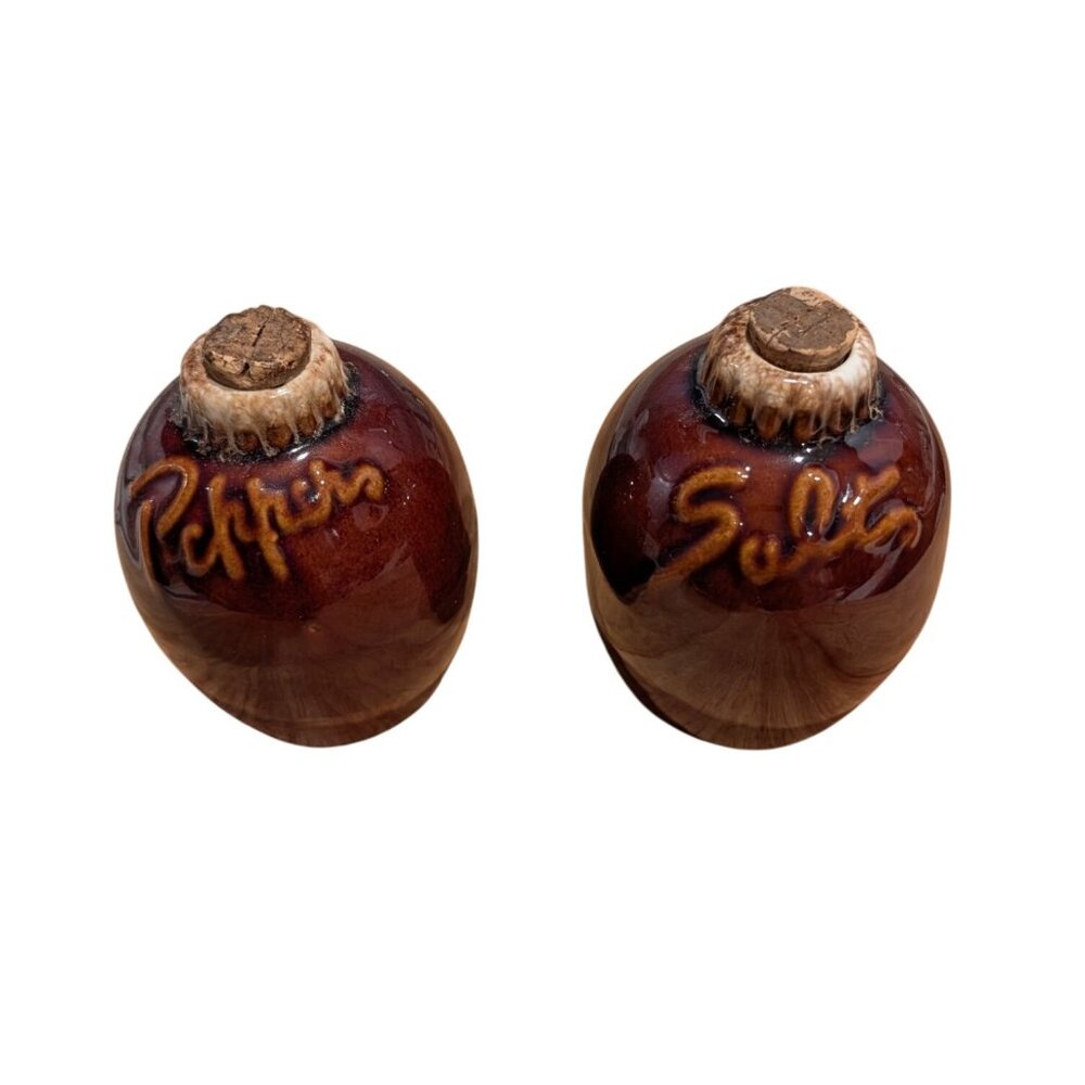 Vintage Hull Pottery Salt & Pepper Shakers Brown Drip 1960s Stoneware Cork Stopp